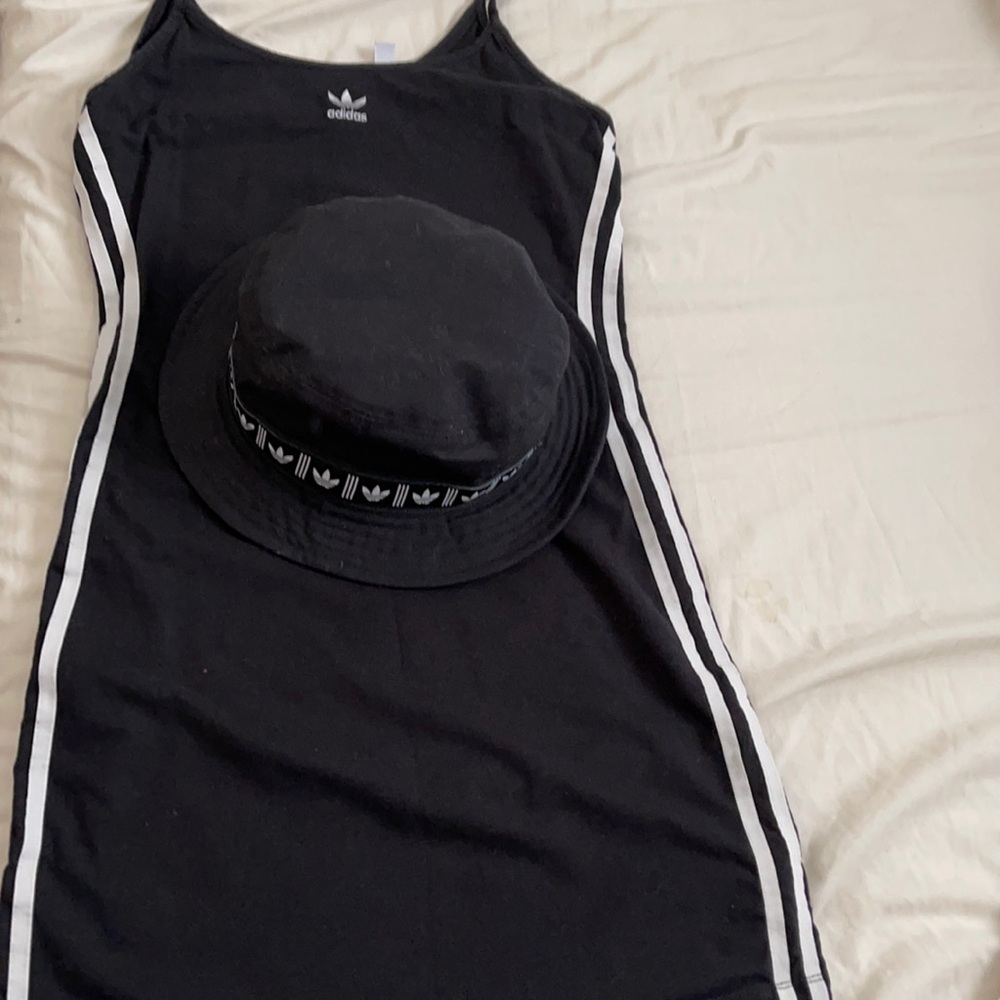 Adidas spaghetti strap midi dress with bucket hat